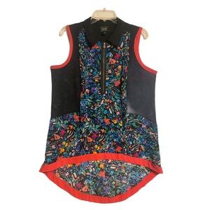 Dark Floral Blouse Sleeveless Metal Half Zip Multicolor Relax L